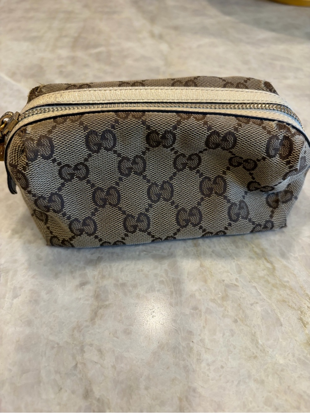Gucci Brown GG Monogram Small Canvas Bag with Cream Leather Trim & gold hardware